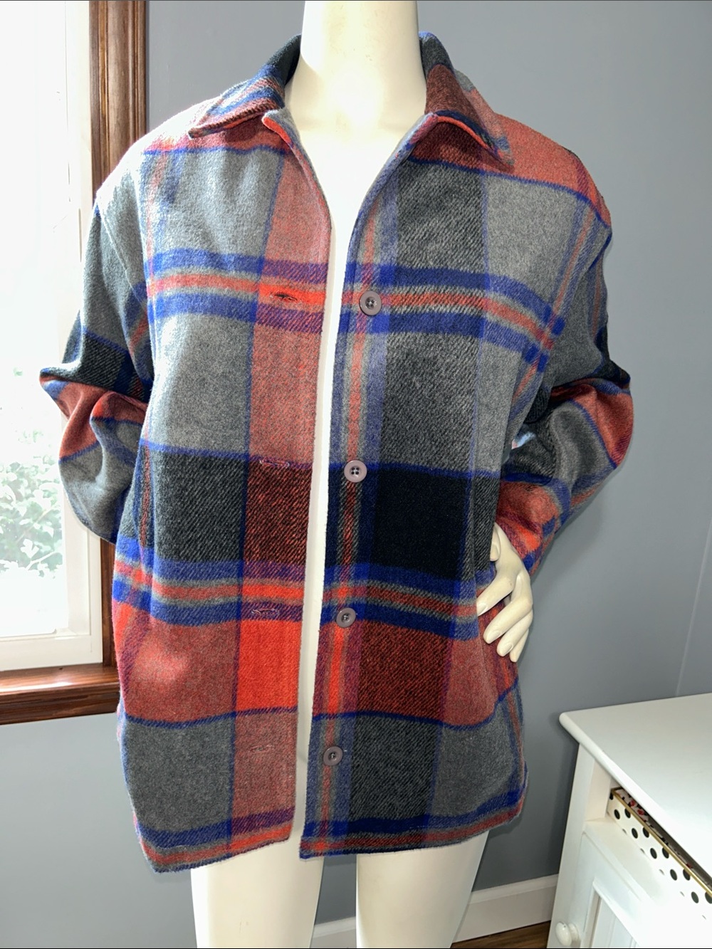 Plaid Button-Front Shacket Jacket - Gray, Red & Blue by Honey & T NEW Gorpcore